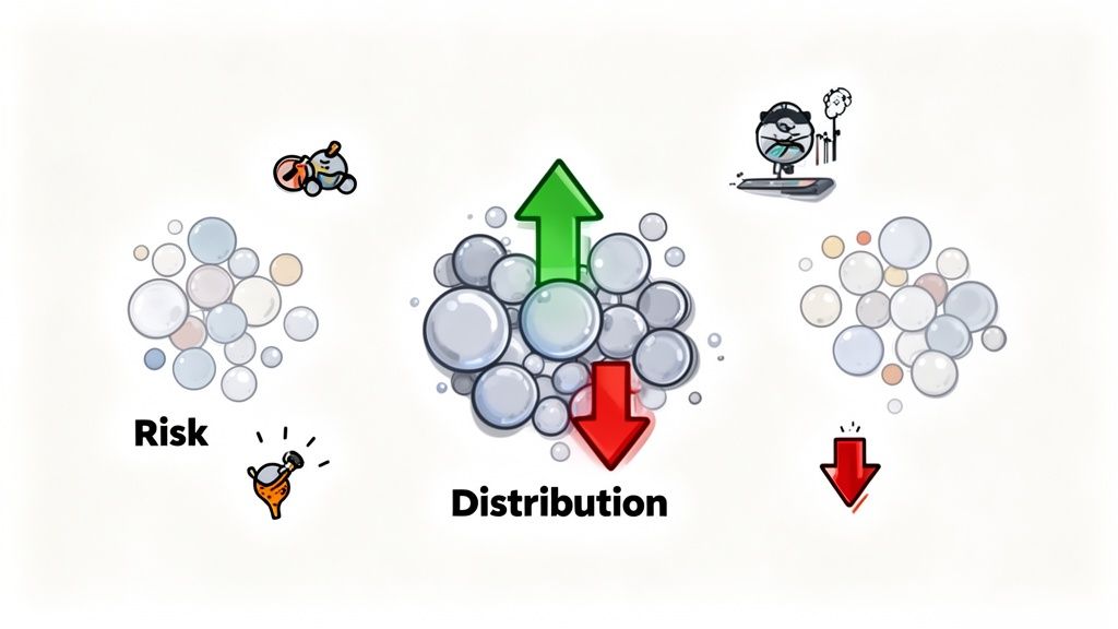Illustration contrasting risk, distribution, and their related upward and downward trends with bubble clusters.