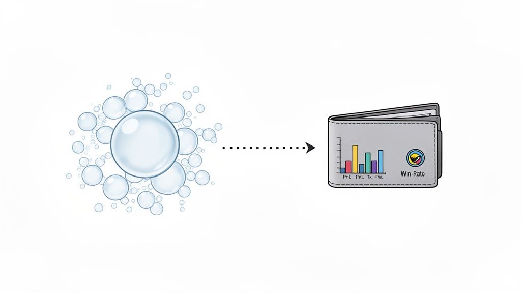 Illustration of bubbles transforming into a wallet displaying financial metrics like PnL and Win-Rate.