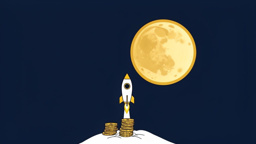 A white and yellow rocket launches from stacks of gold coins towards a large golden moon.