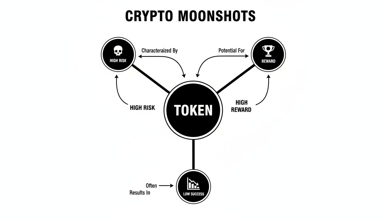 Diagram explaining crypto moonshots: tokens are high risk, high reward, often low success.