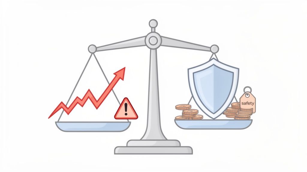 A balance scale showing an upward trend and warning sign outweighing a shield, safety tag, and coins.