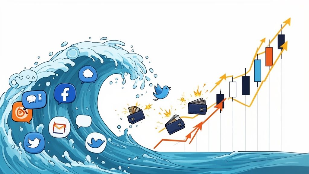 A social media wave pushing money-filled wallets towards an upward-trending stock market graph.