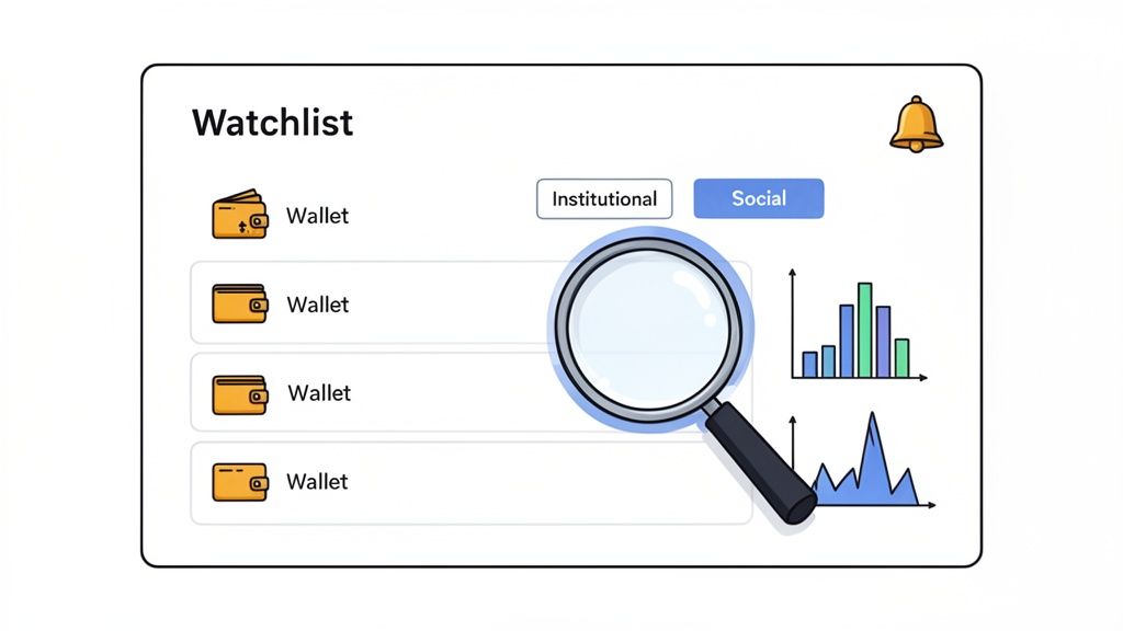 Watchlist interface displaying multiple wallets, with 'Social' filter selected, a magnifying glass, and data analysis charts.