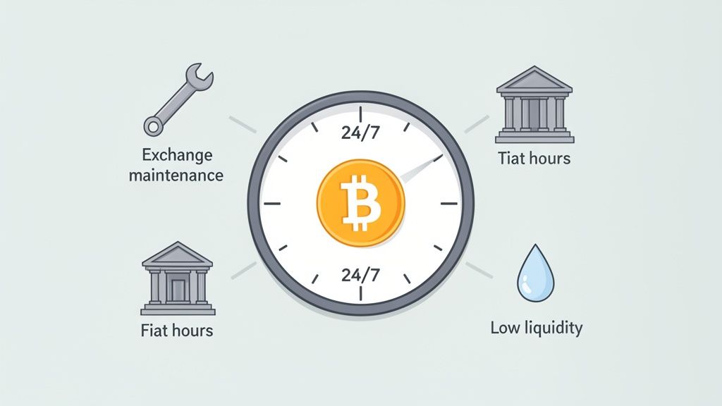 An infographic showing Bitcoin in a 24/7 clock, highlighting real-world limitations like maintenance and fiat hours.