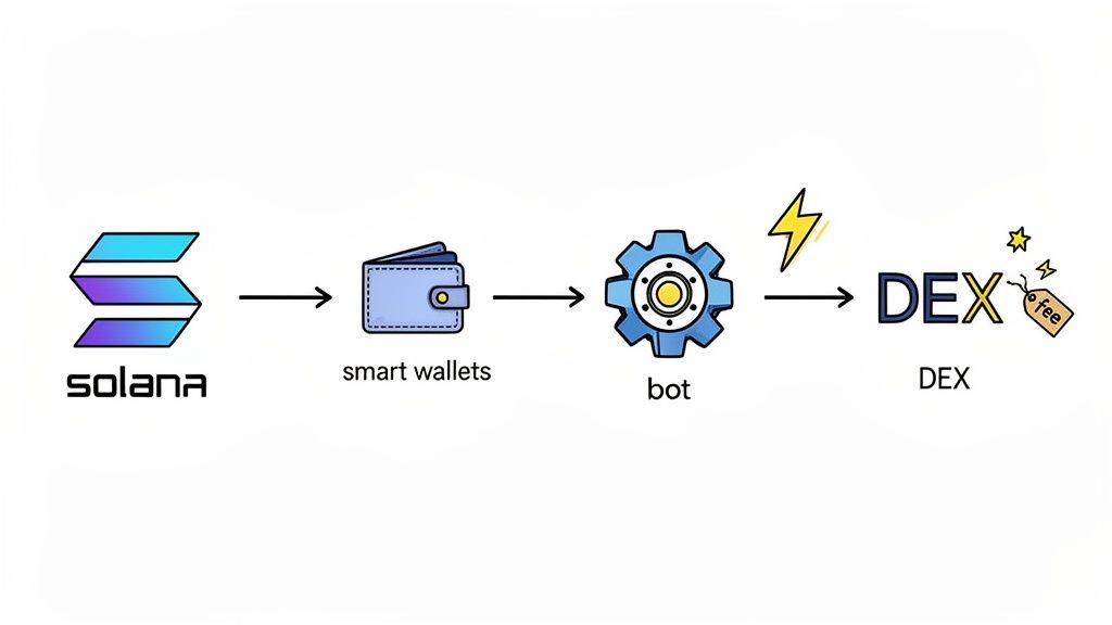 A step-by-step diagram illustrating Solana blockchain's interaction with smart wallets, a bot, and a DEX.