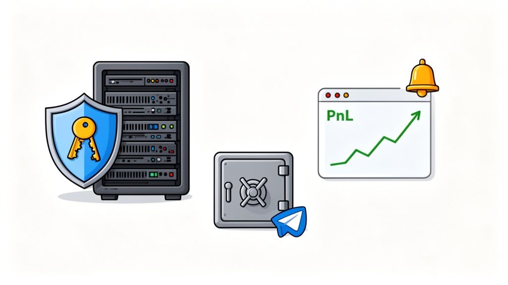 An illustration of a secure trading bot system with server, safe, PnL graph, and Telegram notification.