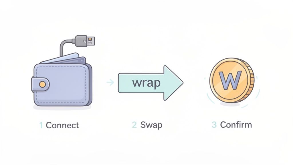 Illustration showing three steps: connect a wallet, wrap assets, and confirm the wrapped coin.