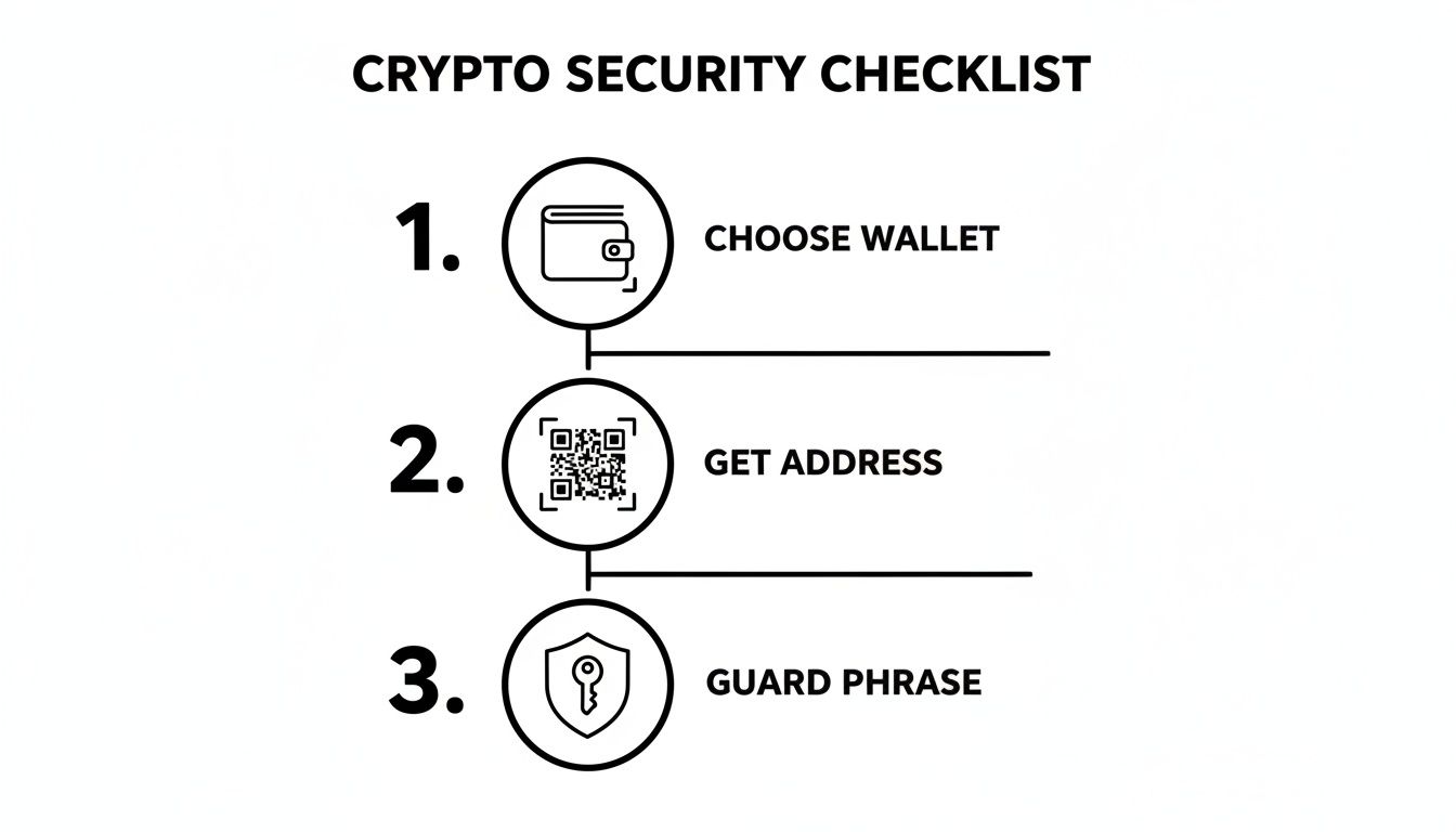 A three-step crypto security checklist: choose wallet, get address, and guard phrase.