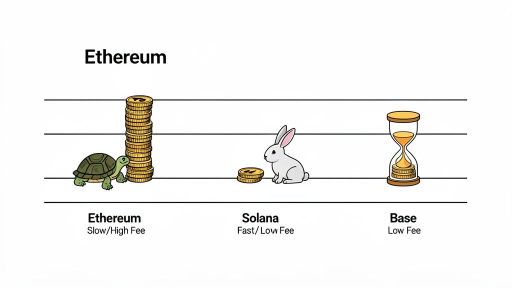 An illustration comparing Ethereum (slow, high fee), Solana (fast, low fee), and Base (low fee) with animals and objects.