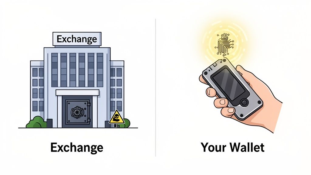 An illustration comparing a crypto exchange building to a hand holding a hardware wallet, representing self-custody.