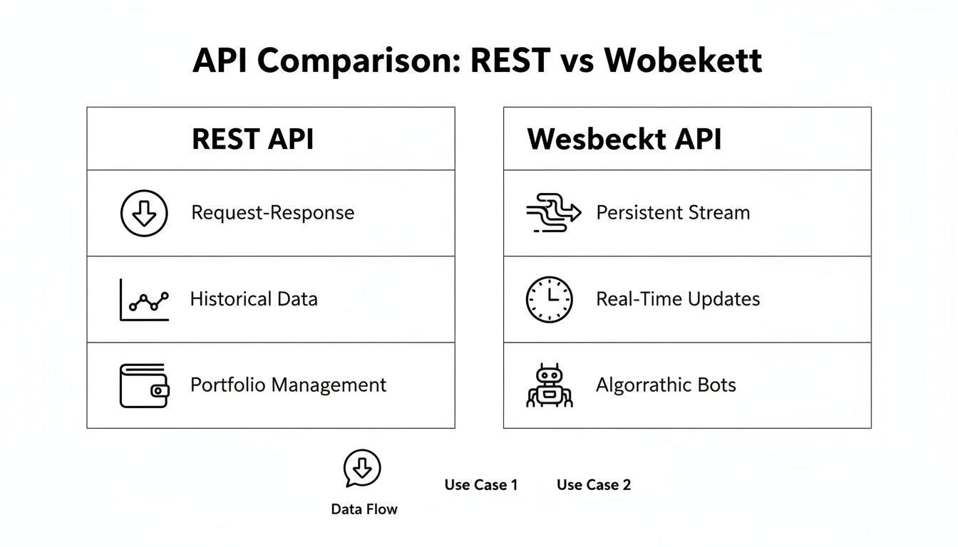 Comparison chart of REST API features like request-response and historical data, versus Wesbeckt API capabilities.