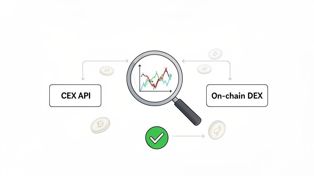 A diagram illustrates cryptocurrency data analysis from CEX API and On-chain DEX, showing a line graph and success.