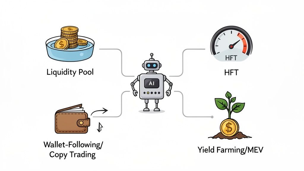 An AI robot links to crypto liquidity pools, high-frequency trading, wallet following, and yield farming strategies.