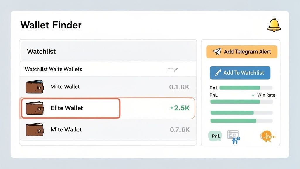 A crypto wallet finder application's watchlist, displaying 'Elite Wallet' details, PnL, Win Rate, and alert options.