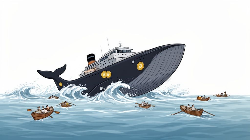 A giant whale-shaped ship with Bitcoin logos creates large waves affecting many small rowboats.