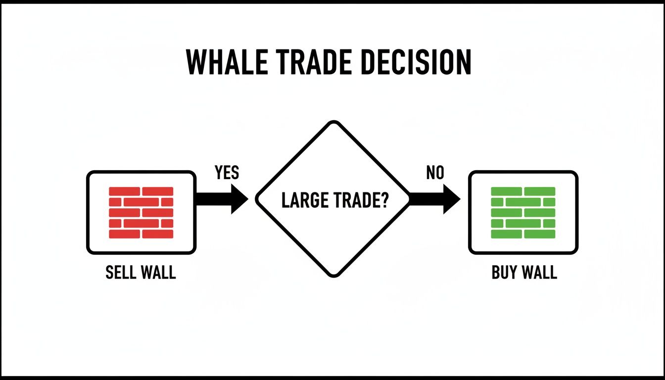 Flowchart detailing a whale trade decision: large trade leads to a sell wall, otherwise a buy wall.