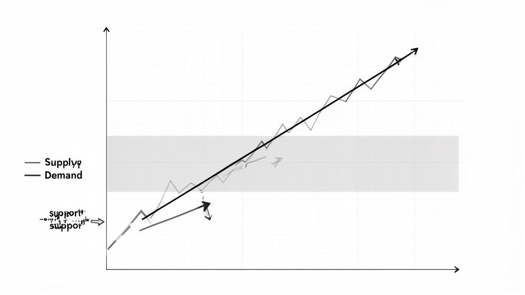 A black and white chart illustrating supply, demand, and price trend lines, with 'support' labels.