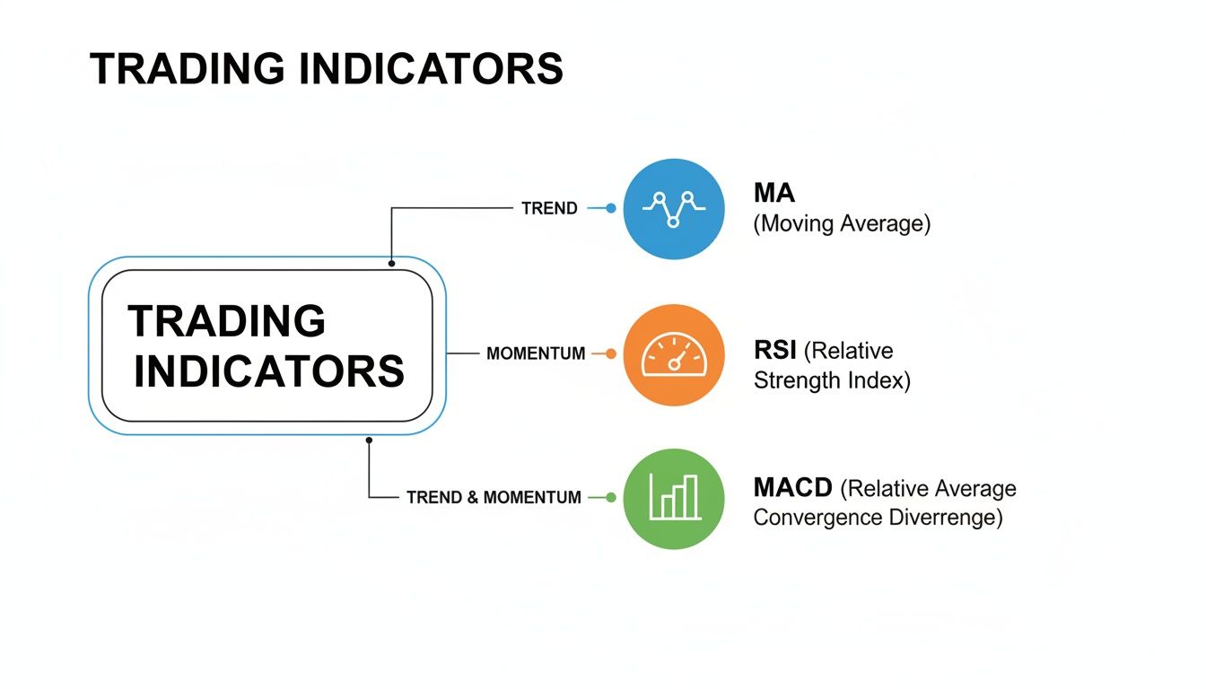 A diagram explaining trading indicators: MA for trend, RSI for momentum, and MACD for both trend and momentum.