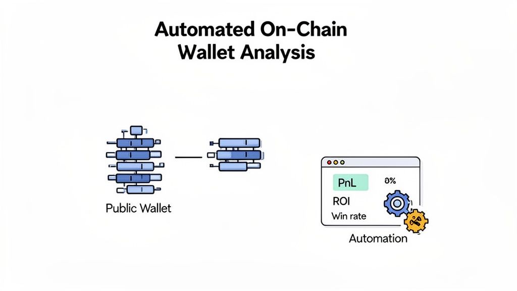 Automated on-chain wallet analysis flow, from public wallet data to an automation dashboard with PnL, ROI, and win rate.