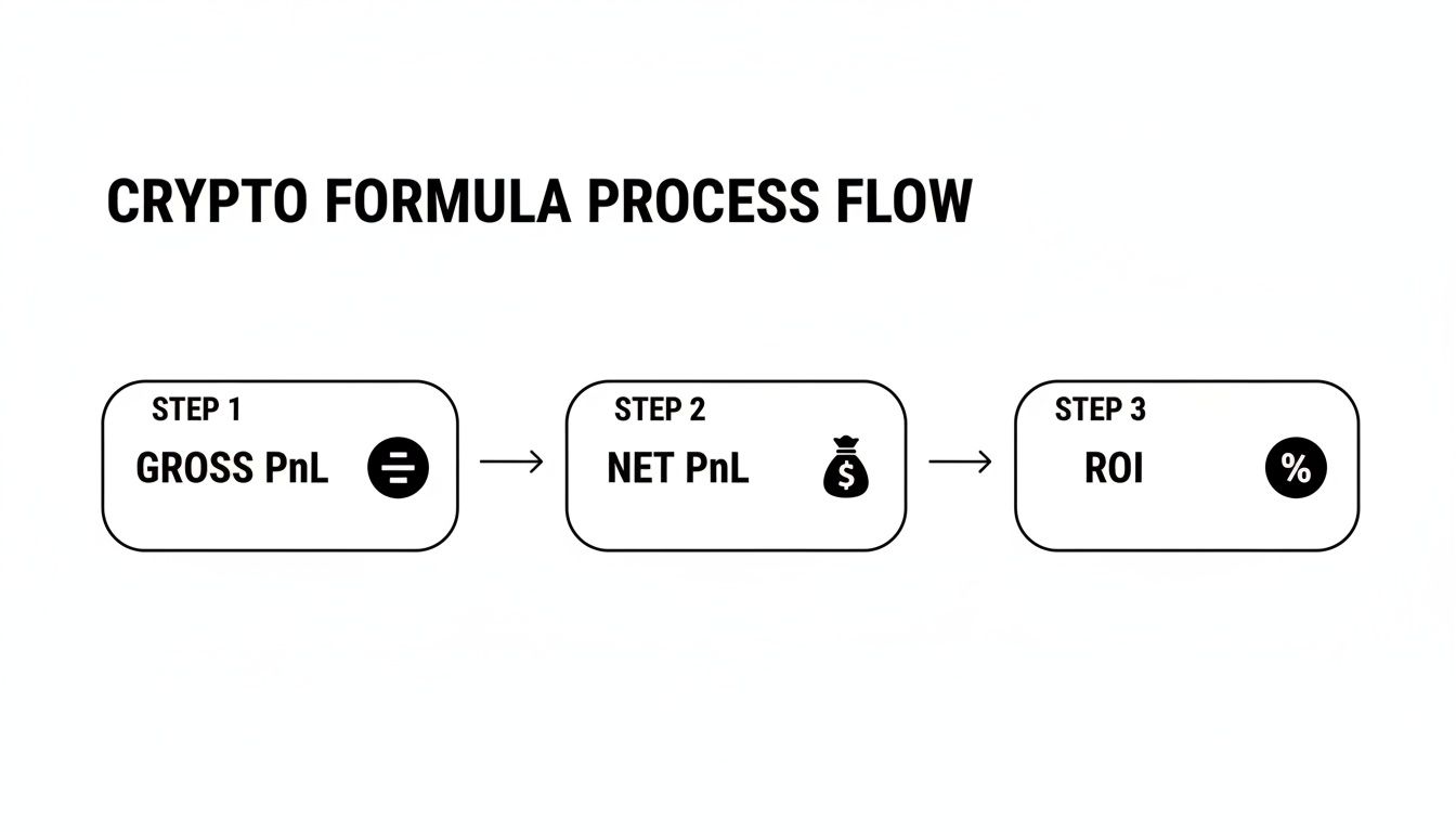 A clear crypto formula process flow diagram illustrating steps from Gross PnL to Net PnL and finally ROI calculation.