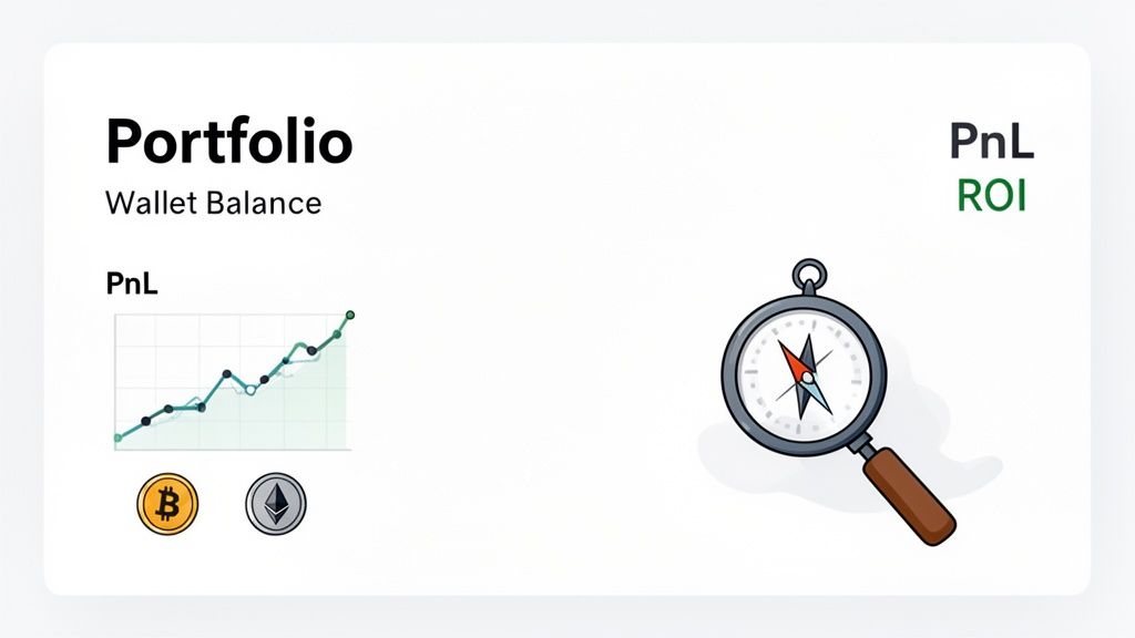 A crypto portfolio dashboard displaying PnL, ROI, and wallet balance with Bitcoin and Ethereum icons.