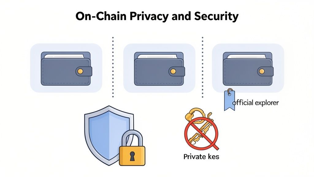 Diagram illustrating on-chain privacy and security, showing wallets, a lock, and the avoidance of private keys via an official explorer.