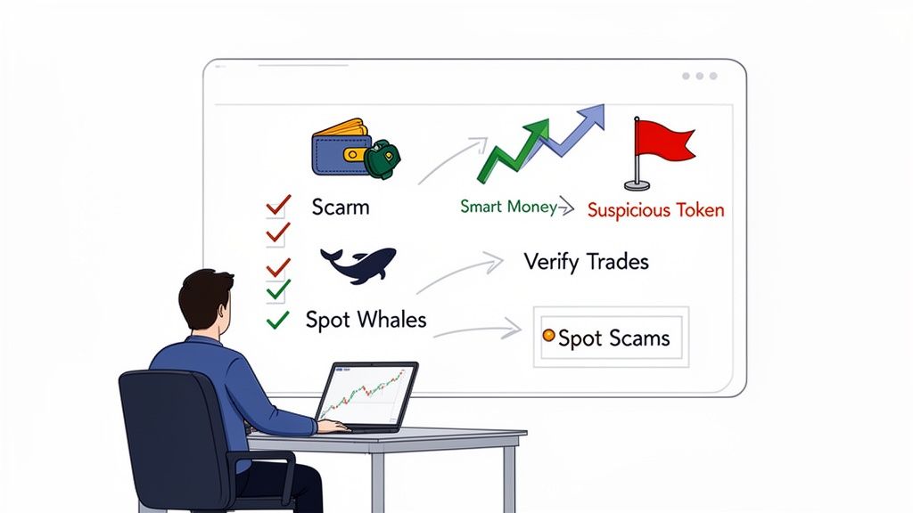 A person analyzes crypto market data on a laptop, with a large screen displaying concepts like smart money, suspicious tokens, and scam detection.
