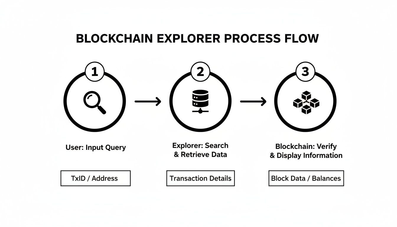 A diagram illustrating the three-step blockchain explorer process: user input, data retrieval, and information display.
