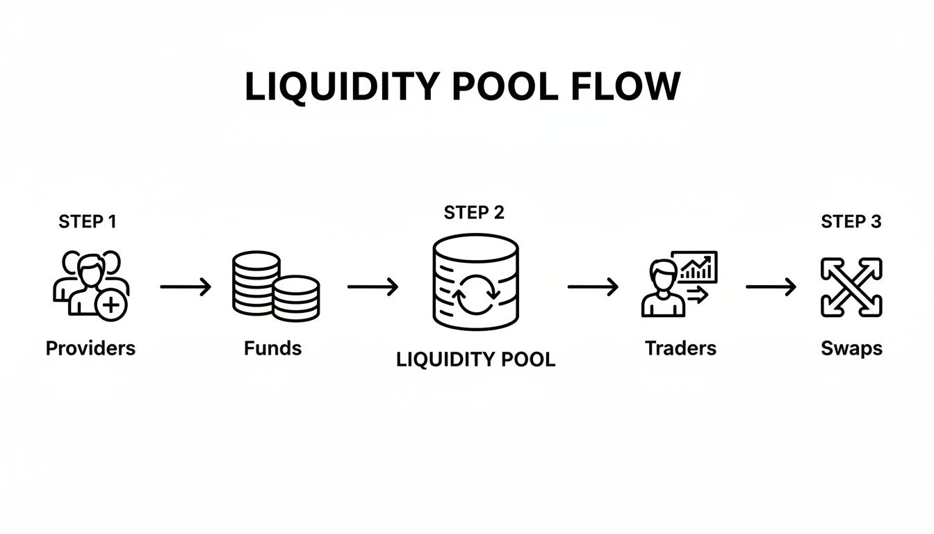 Diagram illustrating the liquidity pool flow from providers supplying funds to traders performing swaps.