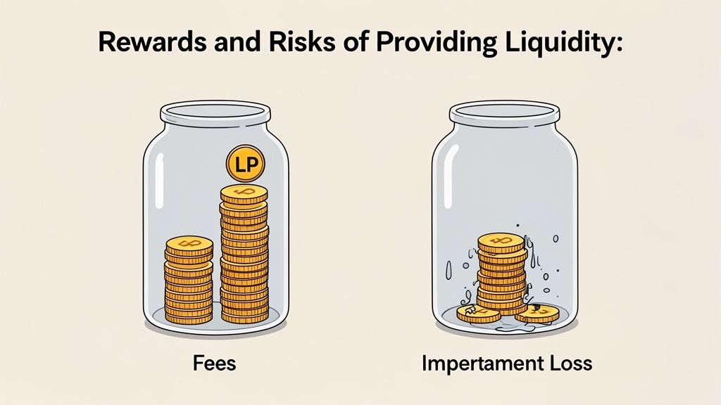 An illustration showing two jars: one for 'Fees' with stacked coins, and another for 'Impermanent Loss' with scattered coins, representing liquidity.