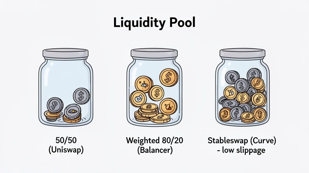 Illustration of Uniswap 50/50, Balancer 80/20, and Curve stableswap DeFi liquidity pools.