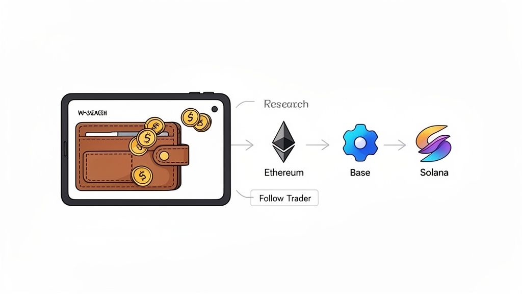 Digital wallet on a tablet managing cryptocurrencies across Ethereum, Base, and Solana blockchains for research and following traders.