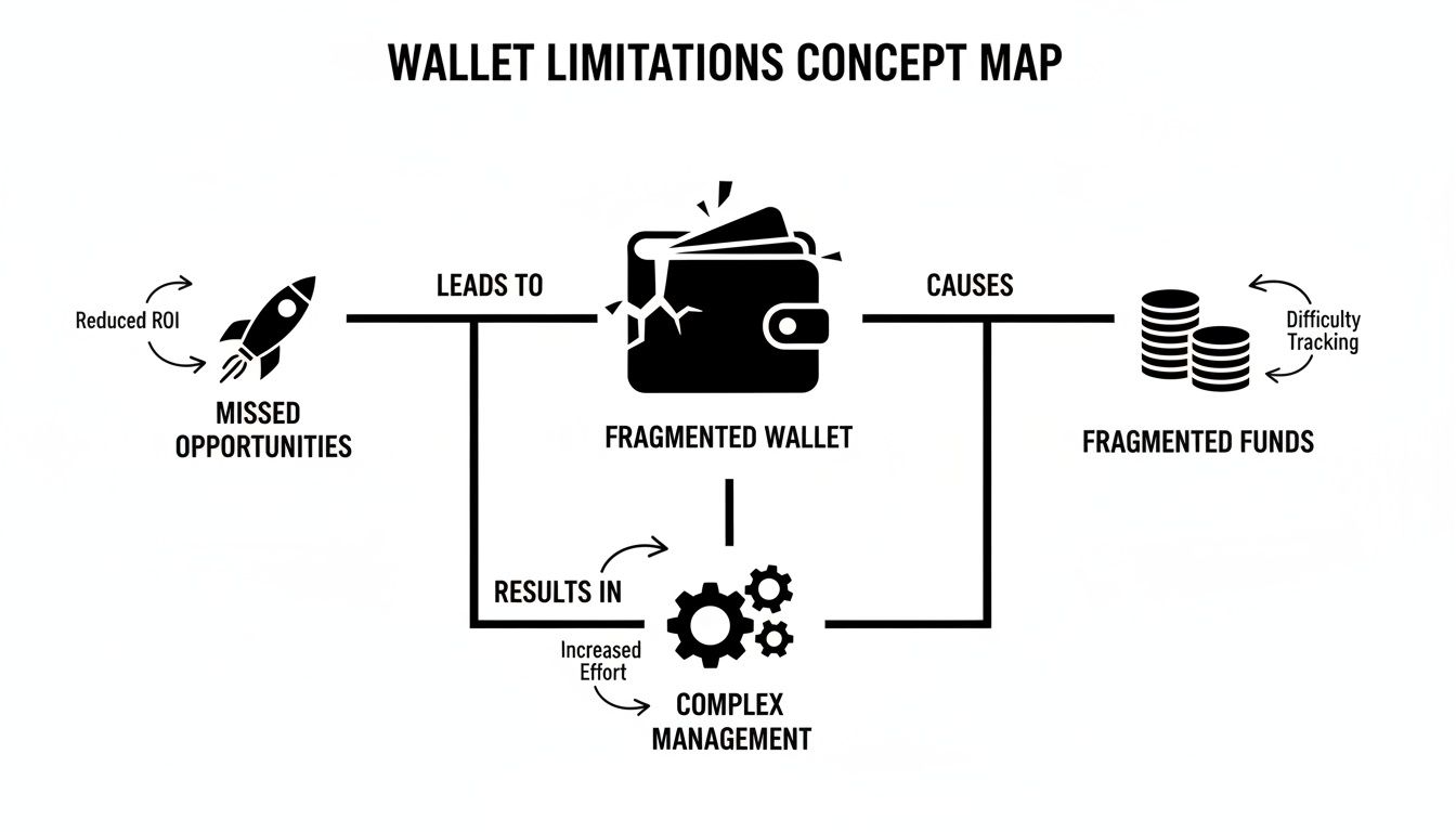 A concept map illustrating how fragmented wallets lead to missed opportunities and complex management.