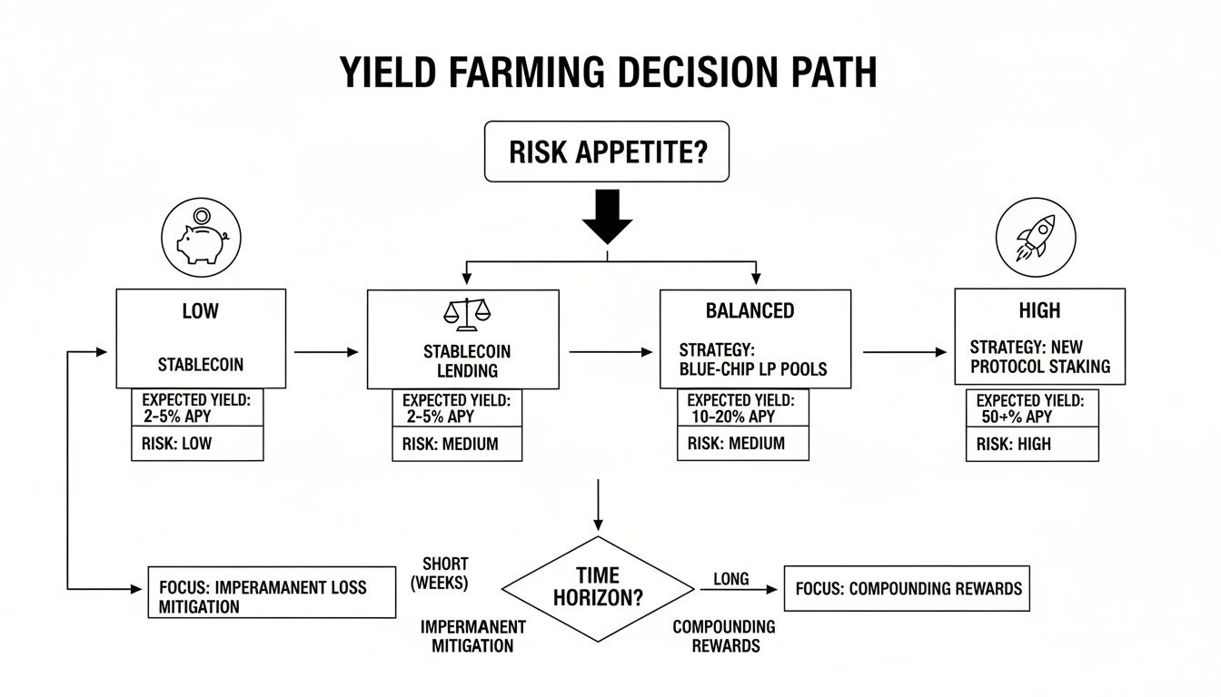 Flowchart showing yield farming decision paths based on risk appetite (low, balanced, high) and time horizon.