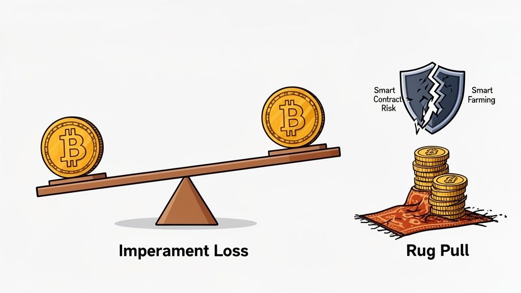 An illustration of DeFi risks including impermanent loss, smart contract risk, and rug pull.