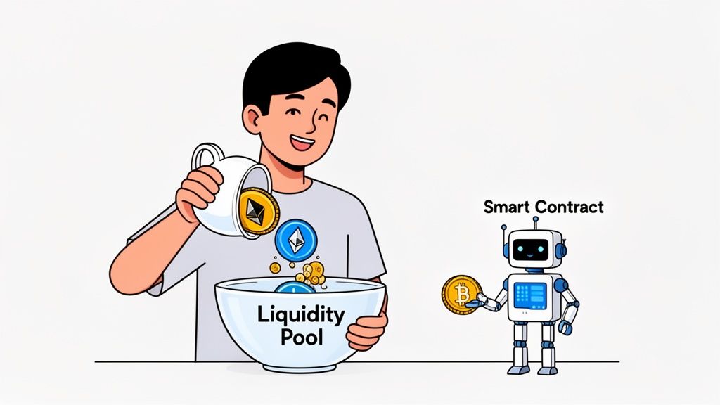 A cartoon man adds Ethereum tokens to a 'Liquidity Pool' bowl, observed by a 'Smart Contract' robot with Bitcoin.
