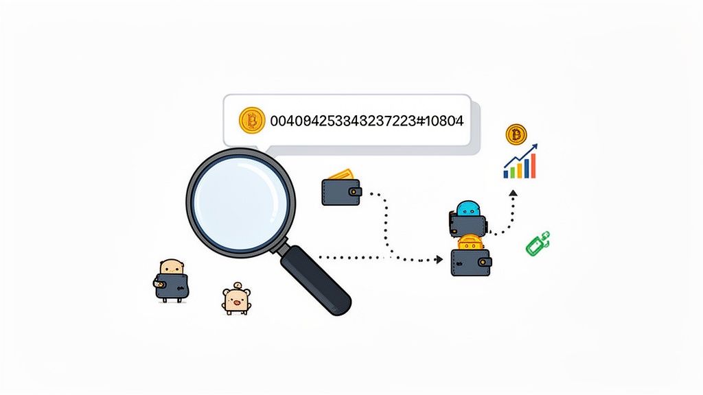 A magnifying glass inspects a Bitcoin transaction ID, tracking cryptocurrency transfers between wallets.