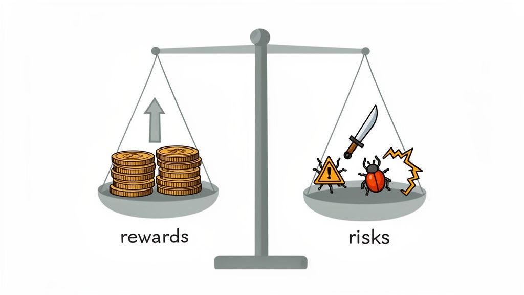 A balance scale depicts rewards (coins, up arrow) equal to risks (warning sign, beetle, knife).