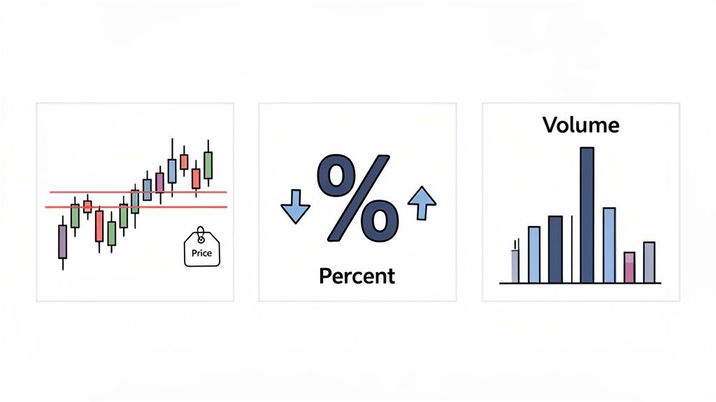 Three panels showing financial concepts: a candlestick price chart, a percentage symbol, and a volume bar chart.