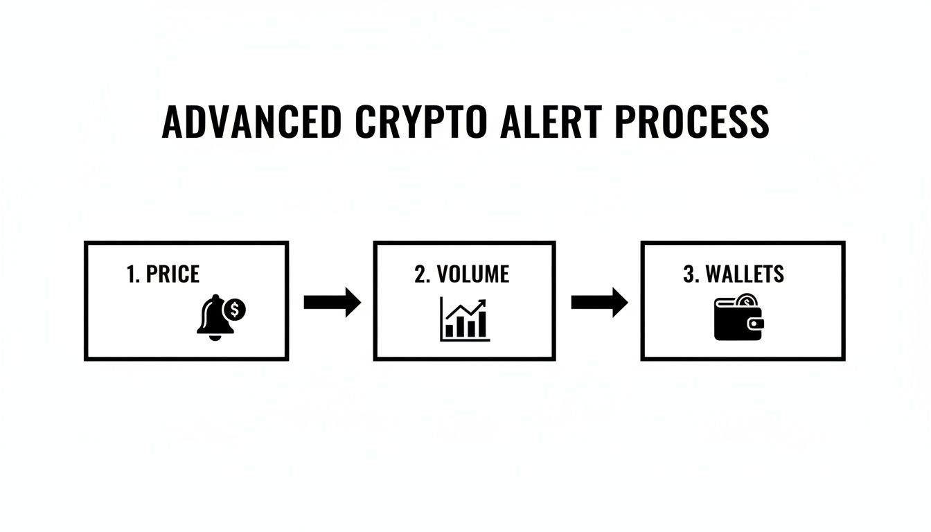 A flowchart illustrating the advanced crypto alert process with three steps: price, volume, and wallets.