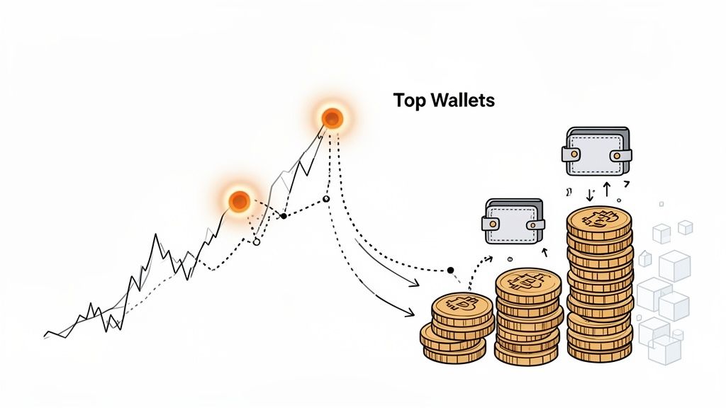 Illustration showing Bitcoin price peaks leading to growth in top crypto wallets and coin stacks.