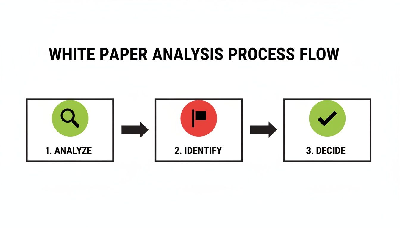 A three-step process flow for white paper analysis, showing analyze, identify, and decide stages.