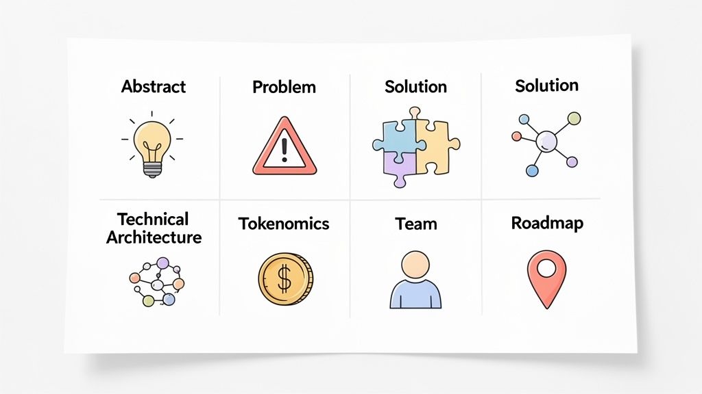 A grid of eight squares illustrating white paper sections: Abstract, Problem, Solutions, Technical Architecture, Tokenomics, Team, and Roadmap.