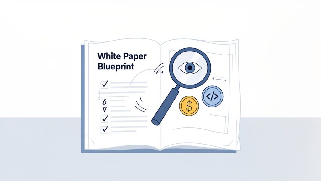 Illustration of an open 'White Paper Blueprint' book showing checklist, magnifying glass, dollar, and code icons.