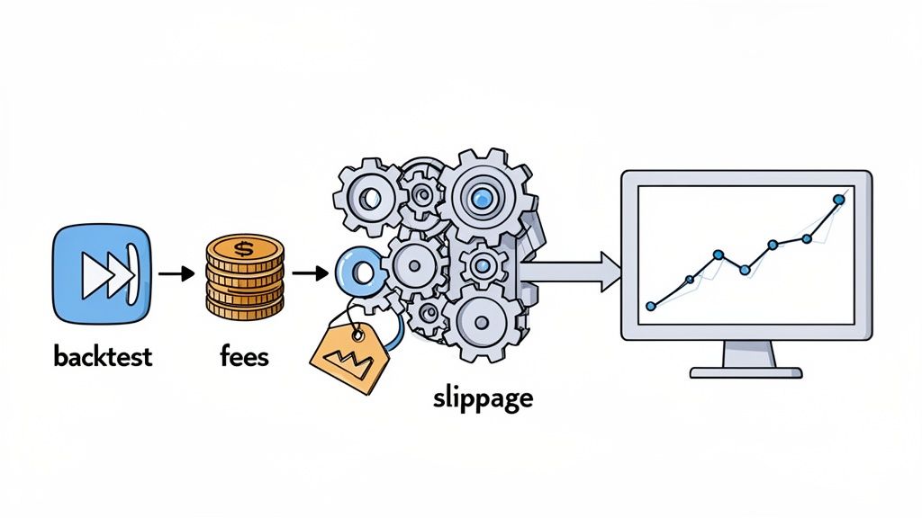 Flowchart illustrating how backtesting, fees, and slippage affect a simulated profit chart.