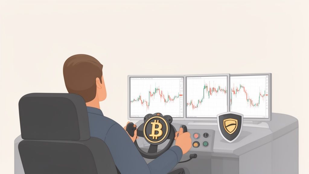 A person uses a Bitcoin steering wheel to manage cryptocurrency trading on three screens with a security shield.