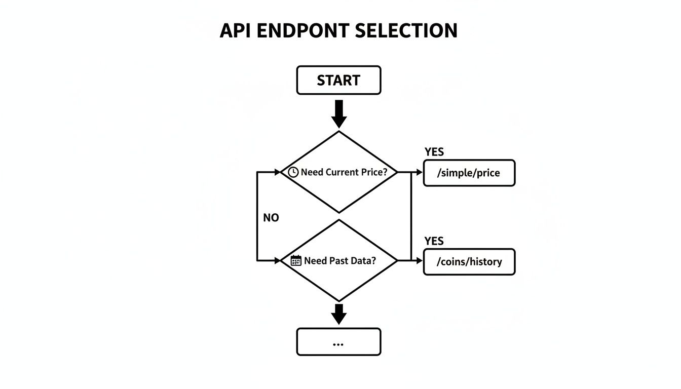 Flowchart depicting API endpoint selection for crypto prices, distinguishing between current and historical data needs.