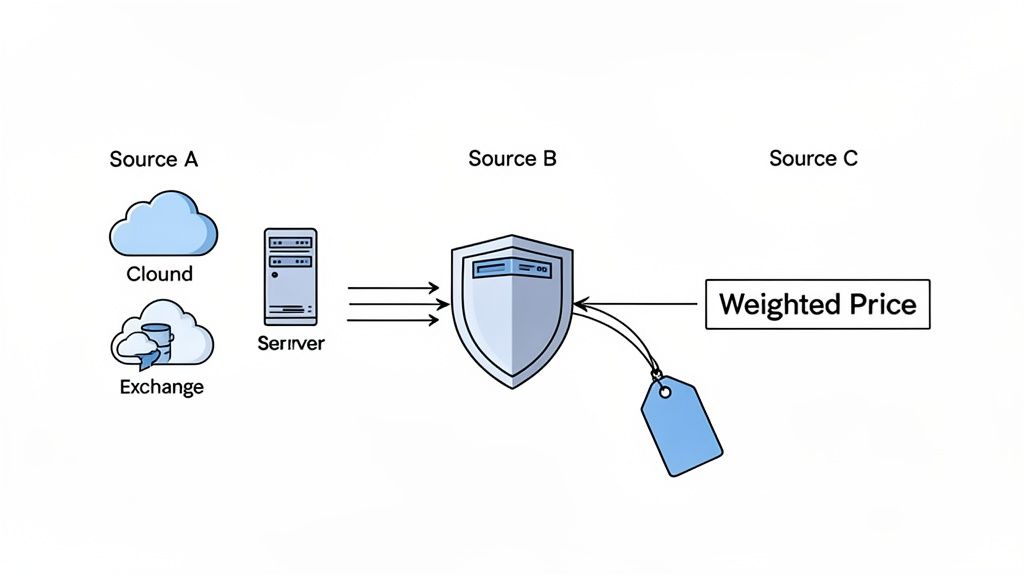 A diagram illustrates data sources (Cloud, Server) feeding into a shielded system to calculate a weighted price.