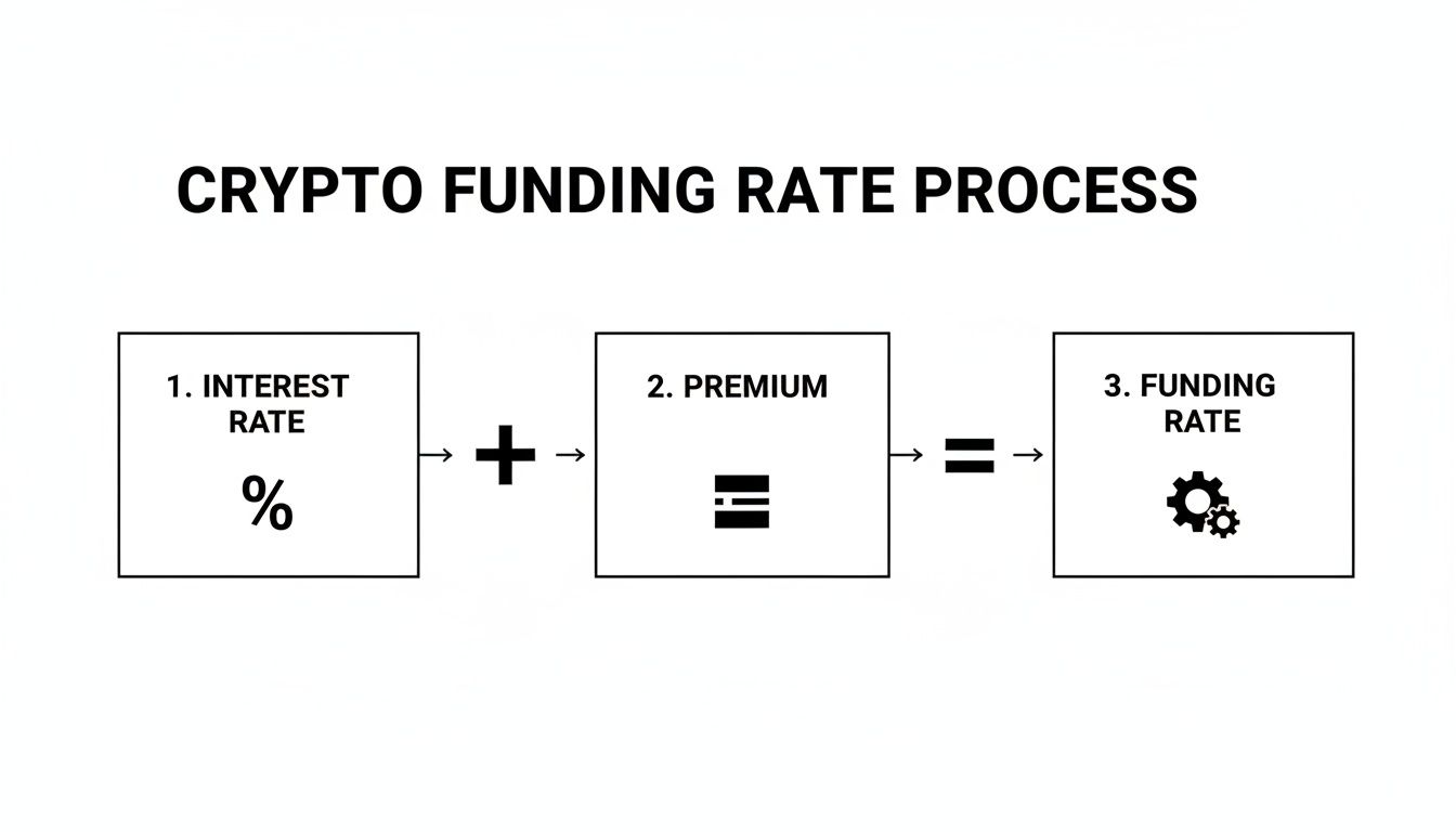 A clear flowchart illustrates the crypto funding rate process, showing interest rate plus premium equals funding rate.