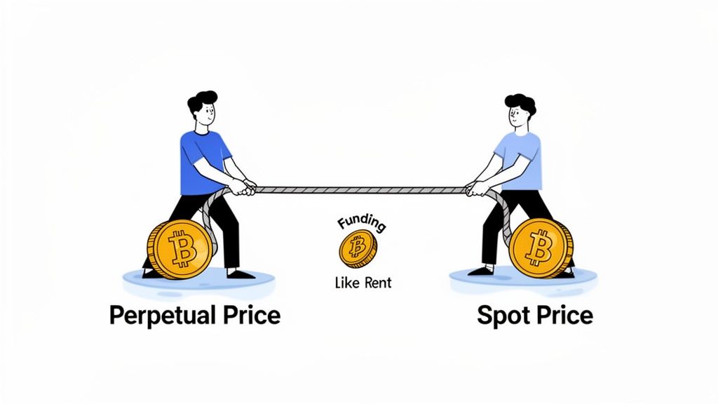 Two people in a tug-of-war with Bitcoin coins, representing perpetual and spot prices balanced by funding like rent.